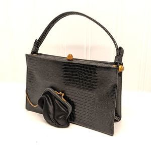 Vintage "After Five" Black Leather Handbag with Coin Purse